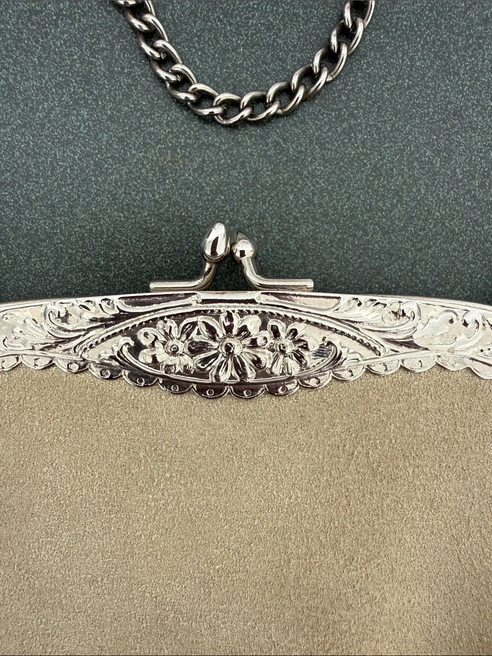 Vintage-Style Taupe beige Suede Evening Crossbody Bag with Silver Frame